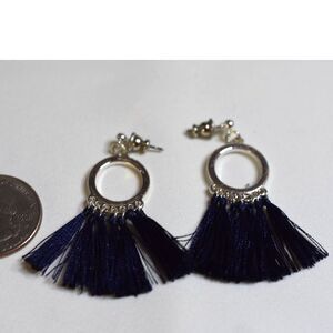 NWOT Trendy Hipster Navy Blue Fringe Tassel Silver Tone Stud Dangle Earrings